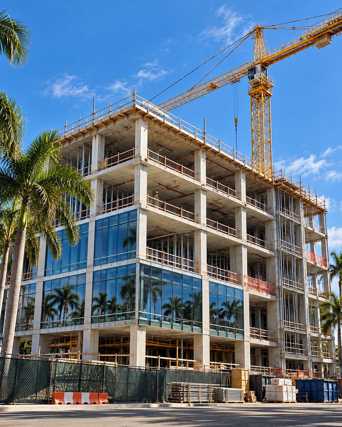 Mid-rise building under construction with a tower crane and palm trees